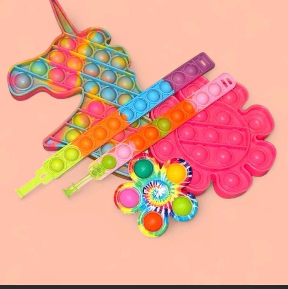 Unicorn and Flower Sensory Push Pop Bubble Fidget Toy Bundle w/Bracelets